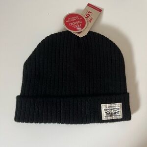 Levi’s: fleece lined, black, rib knit, foldover cuff beanie hat.